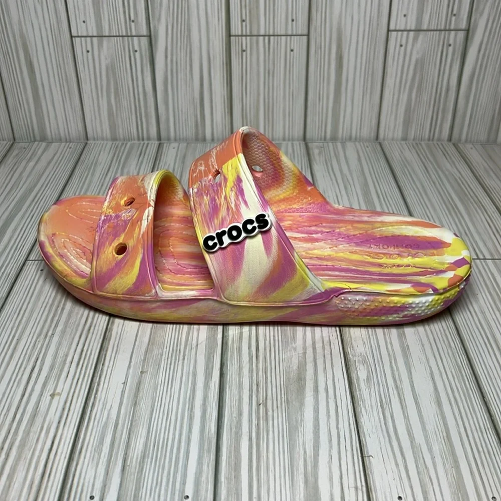 Crocs Women’s Classic Marbled Slides Orange Pink Yellow Sandals Size W 10 M 8 - Picture 1 of 9
